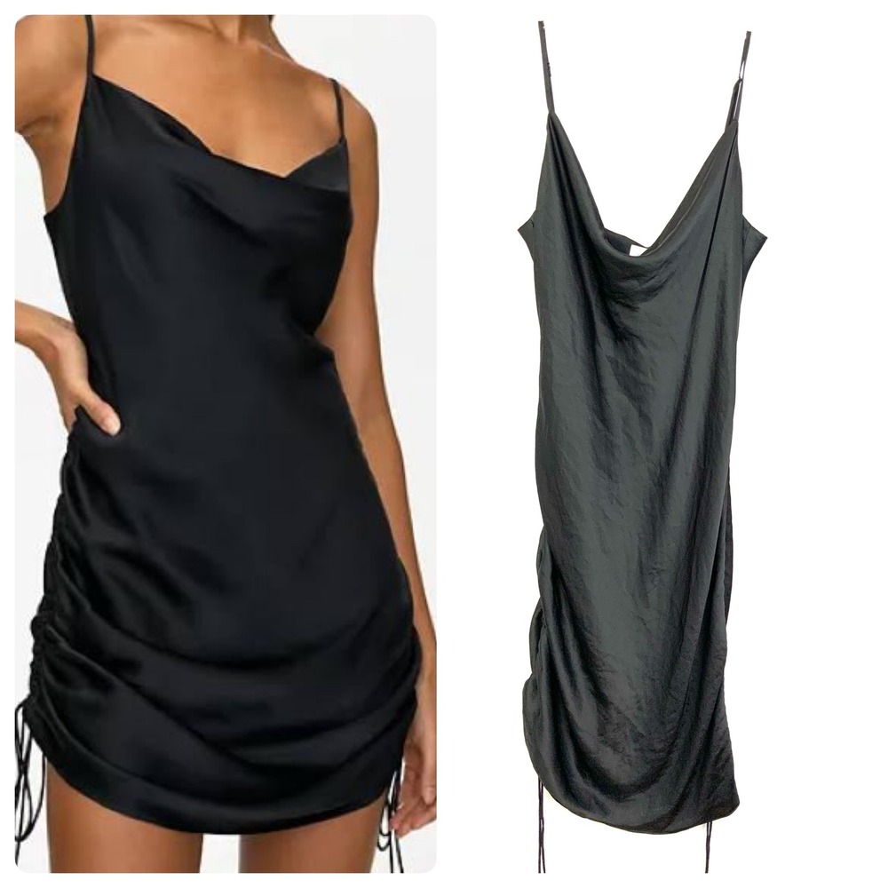 NWT Wilfred Aritzia XL Black Only Ruched Slip Dress Adjustable Side Ties Satin